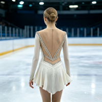 Robe de patinage artistique blanche à manches longues avec strass scintillants pour enfants et adultes, idéale pour les compétitions et spectacles sur glace