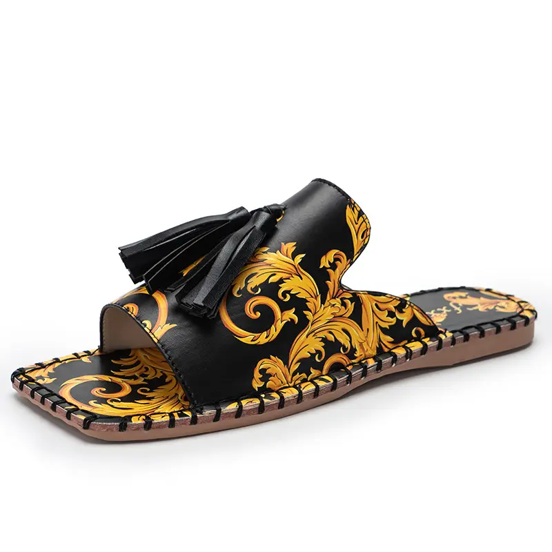 China wholesale 2020 European and American style printed one-line slippers flat fancy female slippers women sandles
