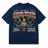 T-shirt graphique noir oversize, motif crâne et main imprimés vinyle « Good Tunes », manches courtes, coton épais, néon, unisexe, streetwear musical