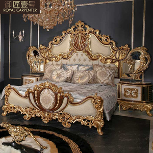 Letto Matrimoniale di Lusso Italiano 1,8m in Stile Palazzo Europeo, Legno Massello con Intagli in Foglia d'Oro per Casa, Palazzo <span class=keywords><strong>Reale</strong></span> Turco - Product Image 1