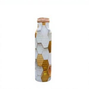 Modern Hexagon Pattern Metal <b>Water</b> <b>Bottle</b> Portable Travel Drinkware <b>White</b> Gold Finish Lids Included - Product Image 1
