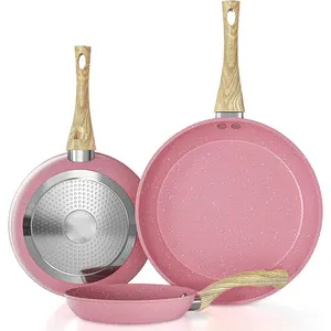 Pink Marble Coating Women Gift Forged 3 Pieces Fry Pan Sets