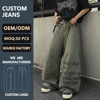 Jeans personnalisés pour hommes, usine OEM ODM, pantalons en denim amples à jambe large, imprimé lettres vintage, streetwear, vente en gros, logo personnalisé