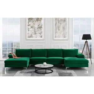 Setelan tiga potong sofa berbentuk u beludru hijau bercorak anti tumpah kualitas terbaik untuk vila