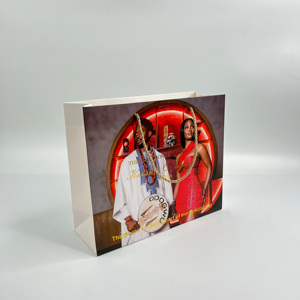 Custom Full Color Printed Paper Shopping Bags - Photo Printed <b>Wedding</b> Gift Bags with Gold Ribbon Bow & Rope Handles - Product Image 6