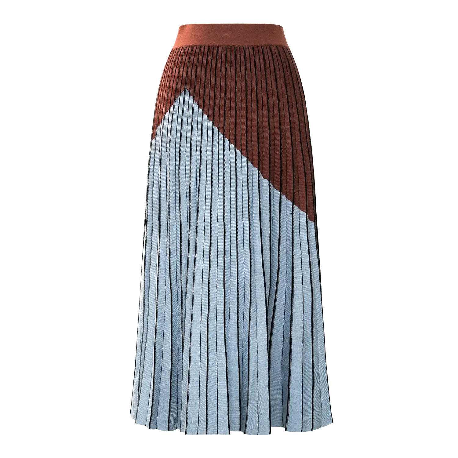 oem knitwear manufacturers custom blue brown two tone contrast color block A line pleated knit midi stylish skirts women