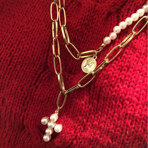 Conjunto de collar con colgante de cruz de perlas vintage para mujer, joyería geométrica de doble capa, para fiestas. - Product Image 3