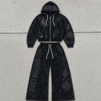 Ensemble mode personnalisé pour homme : sweat à capuche zippé noir délavé style vintage et pantalon de survêtement large à cordon avec détail motif cartes – OEM ODM