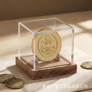Boîte de présentation pour pièces de monnaie en acrylique, socle pour médailles et récompenses de vétéran, couvercle transparent en bois anti-poussière, boîte de rangement pour pièces commémoratives - Product Image 4