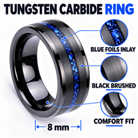 Bague de mariage pour homme en carbure de tungstène brossé noir 8 mm avec incrustation de feuille bleue, ajustement confortable, vente en gros, OEM ODM, bijoux de mode personnalisés