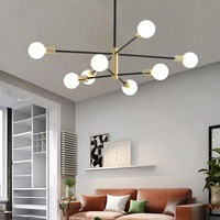 Lustre Sputnik Moderne Noir et Or 4 6 8 10 Lumières E27/E26 avec Globes Opale pour Salle à Manger, Îlot de Cuisine, Hôtel