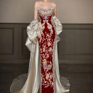 Women's Strapless Chinese Embroidery Wedding Gown - <b>Red</b> Velvet & Satin Train Evening Dresses Fashion - Product Image 3