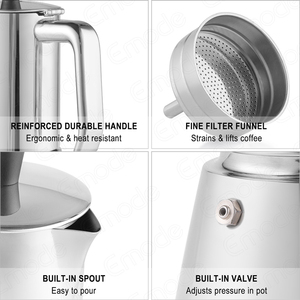 Emode-Machine à espresso en acier inoxydable, 4/6/9 tasses, pot à moka épaissi en acier inoxydable 304 avec poignée en acier - Product Image 4