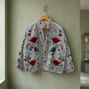 Custom Hand Embroidered Grey <b>Velvet</b> Suzani Jacket <b>Women</b> Reversible Floral Short <b>Coat</b> Wholesale Ethnic Boho Outerwear jacket - Product Image 6