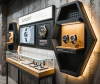 Vitrine de magasin de montres moderne avec éclairage LED, comptoir de présentation, métal, mur plat, verre