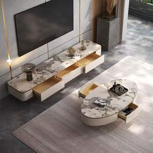 Set di mobili da salotto di lusso con struttura in acciaio inox nuovo tavolino in <span class=keywords><strong>pelle</strong></span> cassetto TV mobile con <span class=keywords><strong>centro</strong></span> in marmo - Product Image 2