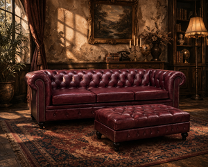 Elegante Sofá Chesterfield Rojo Vino, Sofá Tapizado con Botones Profundos de Cuero Genuino, Muebles de Sala de Estar de Lujo, Estilo Clásico - Product Image 6