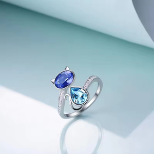 Anelli in Argento Sterling 925 con Cristalli a Forma di Gatto, Regolabili, con Gemme Blu e Viola, Gioielli per Donne - Product Image 2