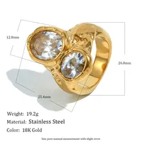 Unregelmäßiger Ring mit gehämmerter Lava-Textur, doppeltem ovalem klarem Zirkonia-Einlage, klobiger Statement-Ring, Edelstahl-Modeschmuckring