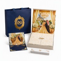 Suite d'invitations de mariage de luxe du Moyen-Orient, bleu marine et or, calligraphie arabe, monogramme, boîte cadeau avec carte palais pop-up