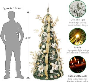 Árbol <span class=keywords><strong>de</strong></span> <span class=keywords><strong>Navidad</strong></span> <span class=keywords><strong>de</strong></span> PVC Pre-ensamblado <span class=keywords><strong>de</strong></span> 6 Pies con Luces, Decorado con Adornos Dorados, <span class=keywords><strong>Cintas</strong></span> y 150 Luces LED Blanco Cálido - Product Image 3