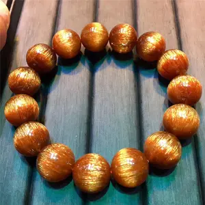 Healing Beautiful Natural Brazil Copper Hair Rutile Quartz Beads Stretch Crystal Rutilated Bracelet Gemstone