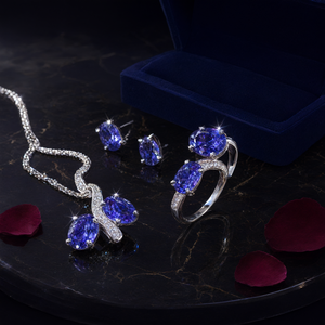 Conjunto de Joyería de Tanzanita con Anillo, Aretes y Colgante en Plata de Ley con Baño de Rodio, Regalo de Cumpleaños, San Valentín - Product Image 3