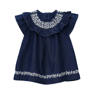 Robe-<span class=keywords><strong>jupe</strong></span> en jean d'été à motif floral pour filles, fabrication ODM, teinture unie, volants pour enfants - Product Image 3