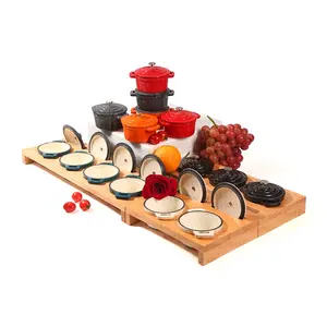 Oem Mini Gietijzer Emaille Nederlandse Oven Kookpot Deksel 10Cm Cocotte Set Bamboe Plank