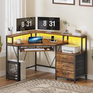 Bureau d'angle <span class=keywords><strong>pour</strong></span> jeux avec prises électriques, étagère <span class=keywords><strong>pour</strong></span> <span class=keywords><strong>imprimante</strong></span>, support d'écran triangulaire <span class=keywords><strong>pour</strong></span> petit espace, <span class=keywords><strong>table</strong></span> d'<span class=keywords><strong>ordinateur</strong></span> marron - Product Image 1