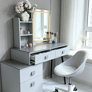 Modern White Vanity Table <b>with</b> <b>Lighted</b> Square <b>Mirror</b> and Storage Drawers - Product Image 6
