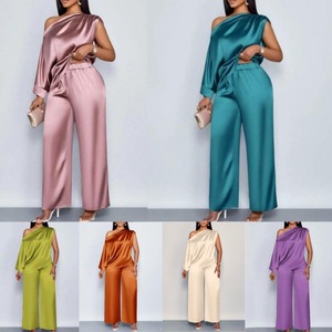 Ensemble décontracté en satin pour femme, style transfrontalier, avec haut à col asymétrique et pantalon, style européen et américain - Product Image 1