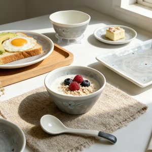 Service de table en céramique émaillée de qualité alimentaire, style japonais, peint à la main, motif fleurs de prunier gris, bols, assiettes et cuillères pour la maison - Product Image 4