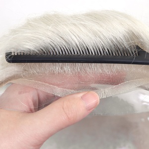 Tupé de Base de piel fina de Pu con frente de encaje francés platino blanco puro para hombres reemplazo de cabello humano pelucas de cabello Remy Natural - Product Image 2