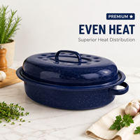 Plat à rôtir ovale en émail bleu pour dinde, avec couvercle, en acier moucheté, résistant au four, idéal pour Thanksgiving, commandes en gros