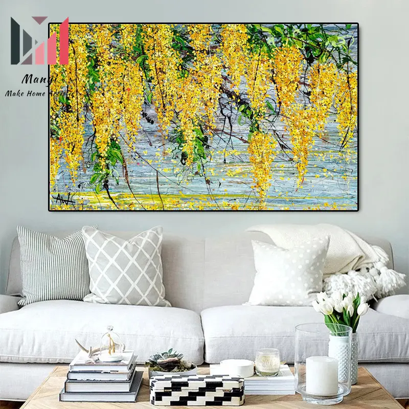 황금 꽃으로 가득한 나무 벽 예술 사진 및 인쇄 풍경 캔버스 회화 및 포스터 가정 거실 장식