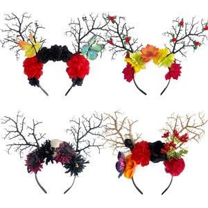 Diadema de Halloween Día de Muertos - Tocado gótico oscuro con ramas artificiales y flores coloridas para personas - Product Image 3