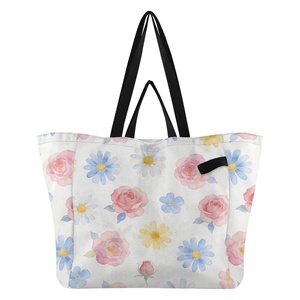 Bolso de Mano Acolchado de Poliéster de Gran Capacidad Reutilizable para Mujer con Estampado Floral de Acuarela Hawaiana y Logotipo Personalizado - Product Image 1