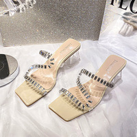 Sandales à talons carrés transparents en strass pour femmes, mules à bout ouvert tendance, chaussures d'été pour femmes, support OEM ODM