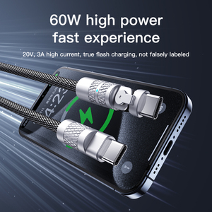 60W siêu nhanh sạc 180 độ xoay nylon Cáp dữ liệu hợp kim kẽm Loại-C Type-C điện thoại di động máy ảnh 5V - Product Image 5