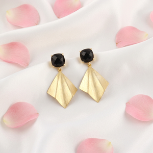 Checker Cut Black Onyx Cushion Gemstone Drop Stud Earring with <b>Brushed</b> Finish Metal Brass 18k Gold Plated Women Jewelry Earring - Product Image 6