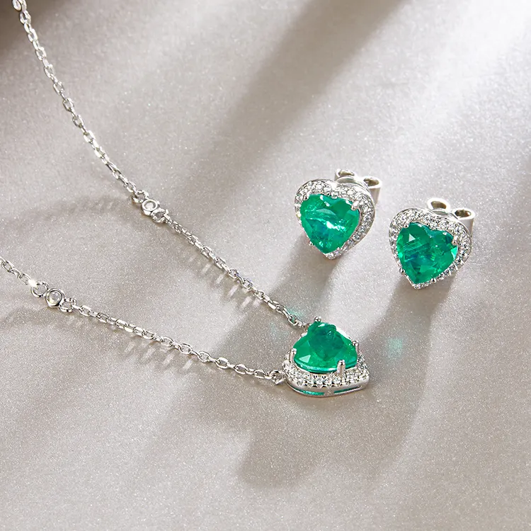 925 Sterling Silver Jewelry Set Fashion 5A Zircon Emerald Green Love Heart Set Necklace Earrings Jewelry