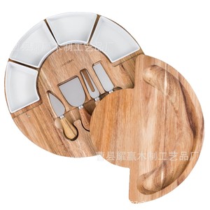 Plateau à fromage rotatif en bois d'acacia rond avec bols en céramique, plateau de service pour charcuterie et en-cas - Product Image 5