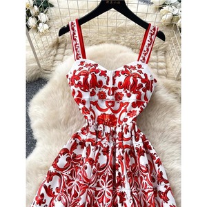Women's Red <b>White</b> Scroll Floral Print <b>Maxi</b> Dress Spaghetti Strap V-neck High Waist A-Line Eco-Friendly Contrast Color Daily - Product Image 2
