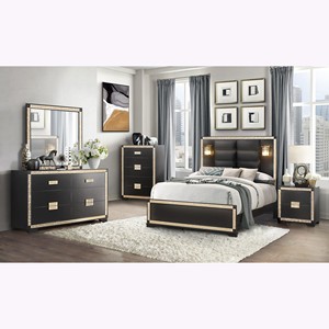 Modern American Style Black/Gold Queen <b>Pine</b> Wood Soft <b>Bed</b> with Adjustable Convertible Frame and Lamps - Product Image 2