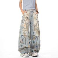 En gros Jeans baggy pour hommes en denim épais délavé effet boue, coupe large, brodés, style urbain, déchirés et usés