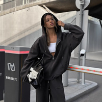 Nouvel arrivage : Ensemble 2 pièces pour femme, style urbain européen et américain, couleur unie, sweat à capuche zippé à manches longues et pantalon large à cordon de serrage