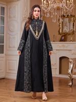 Abaya élégante en polyester pour l'automne et l'hiver, col montant, broderie de paillettes, garniture à franges, coupe ample, robe longue modeste pour femmes musulmanes