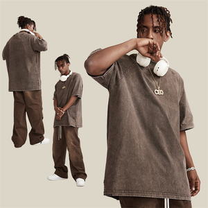 T-shirt à col rond surdimensionné de haute qualité pour hommes Logo personnalisé 100% coton tissu éponge délavé à l'acide - Product Image 1