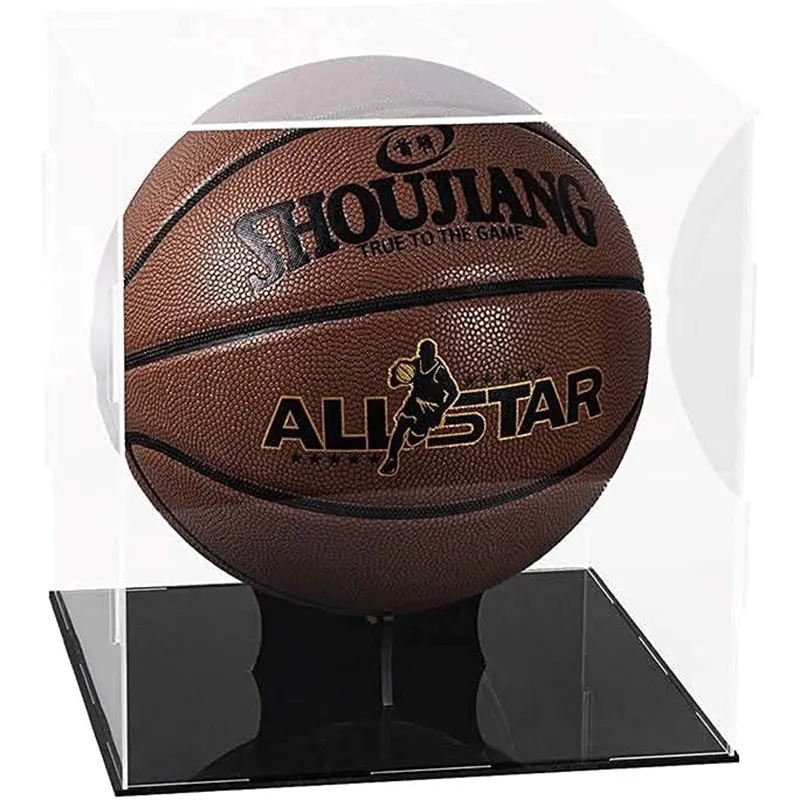 Vitrine acrylique de ballon de basket-ball de sport Boîte de conteneur de protection UV avec base noire